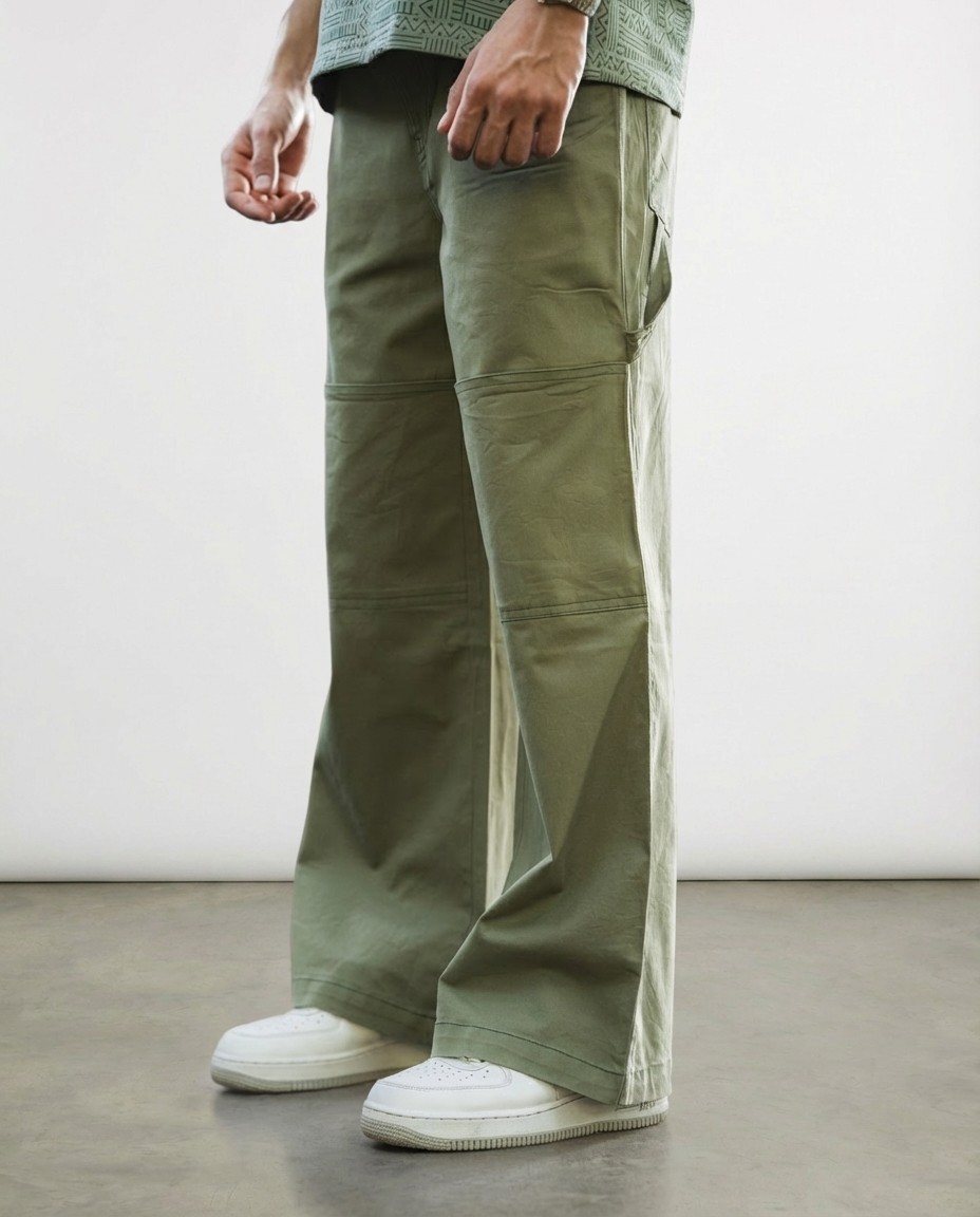 Green Twill Bellbottom Utility pants