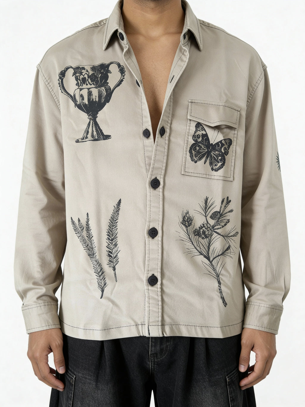 Khakhi Shadow Twill Block print shacket