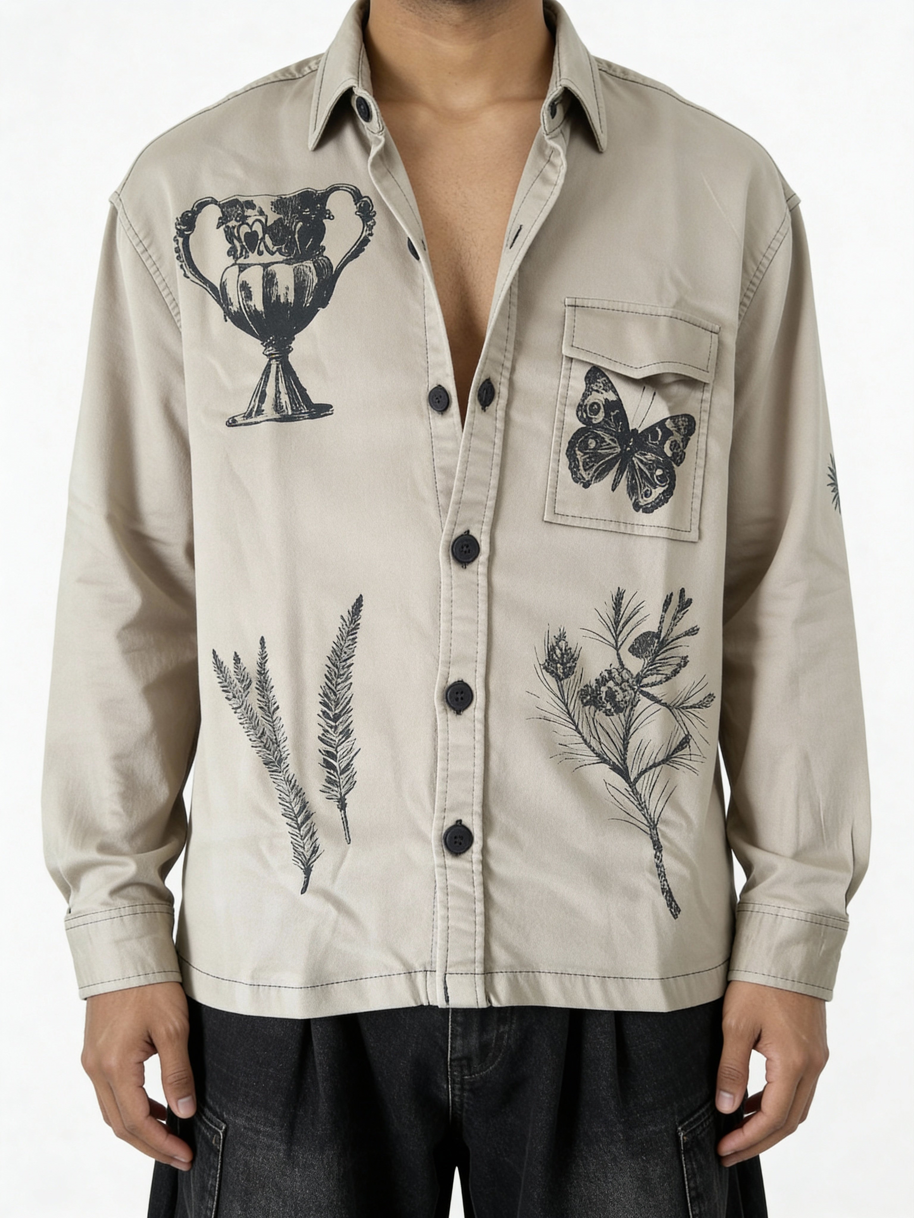 Khakhi Shadow Twill Block print shacket