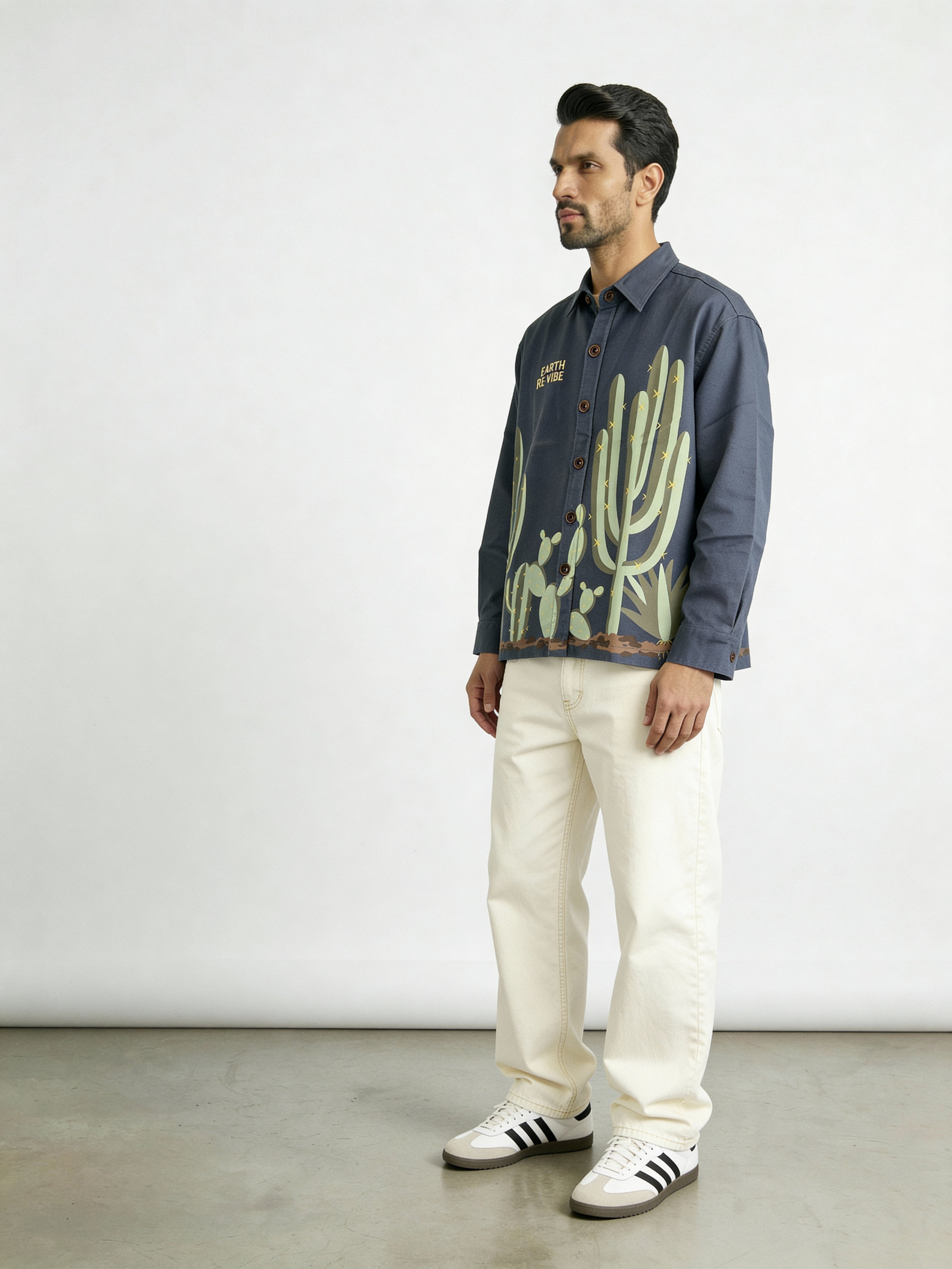 Aqua Blue Twill cactus Printed Shacket