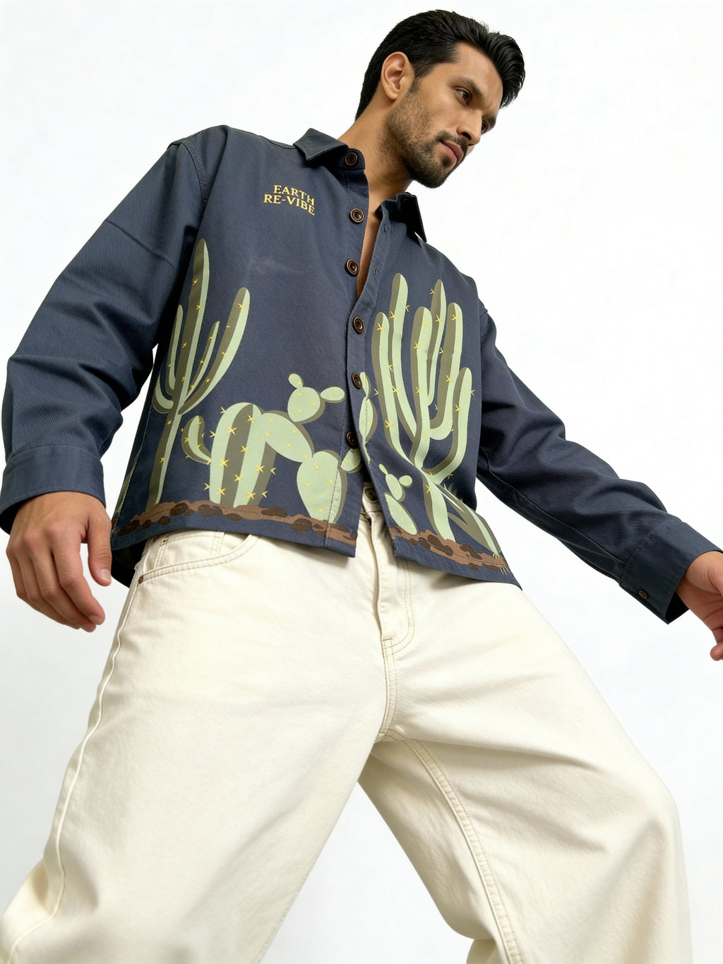 Aqua Blue Twill cactus Printed Shacket
