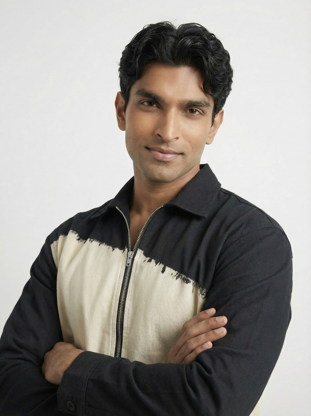 White & Black Twill Zipper Shacket