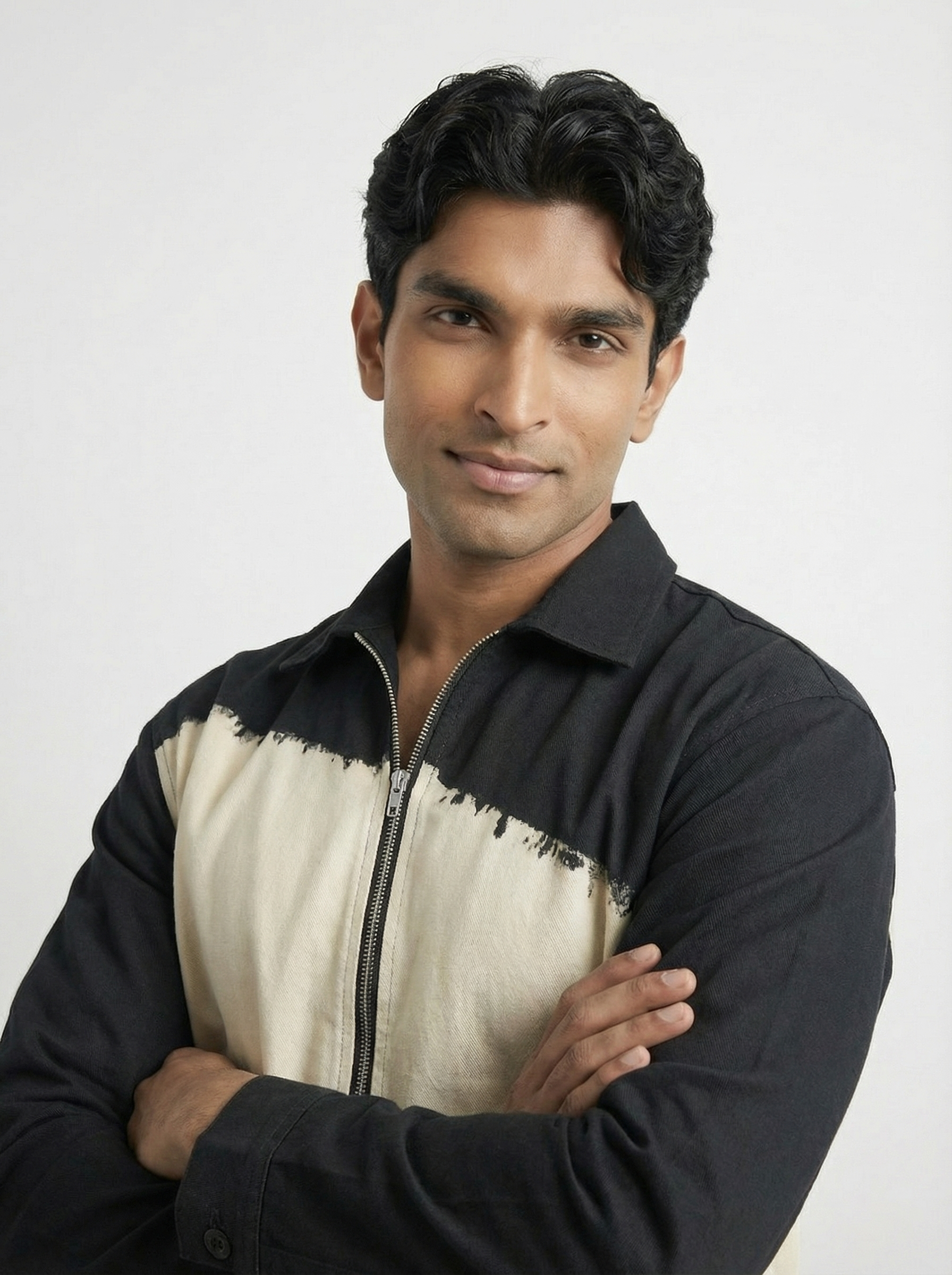 White & Black Twill Zipper Shacket