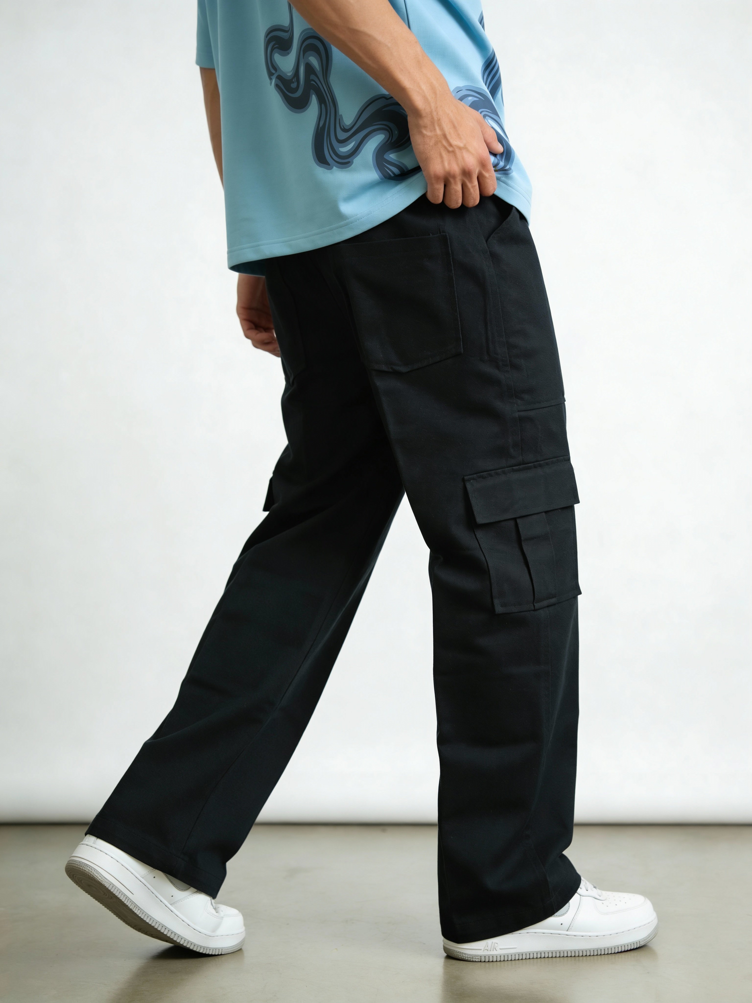 Black Twill Straight-Fit Cargo Pants