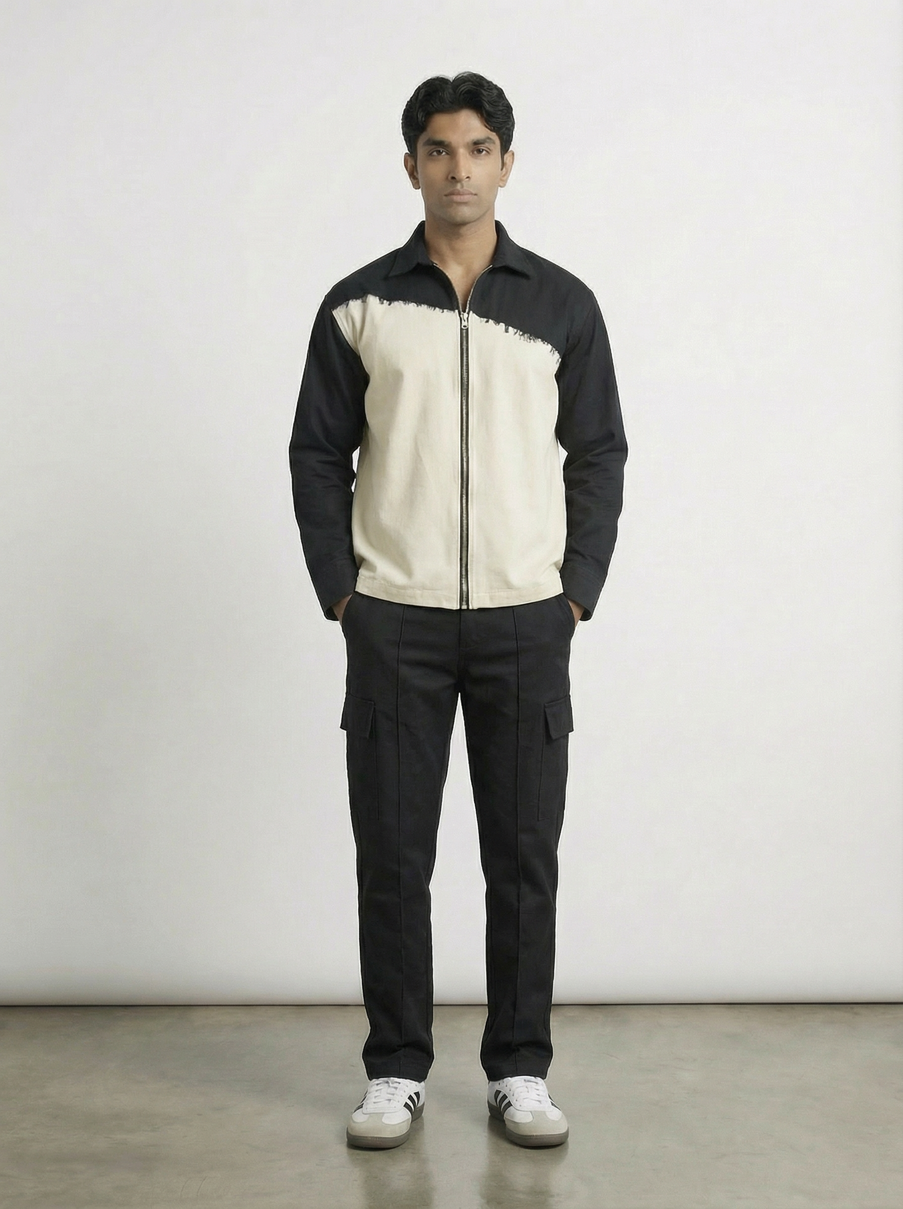 White & Black Twill Zipper Shacket