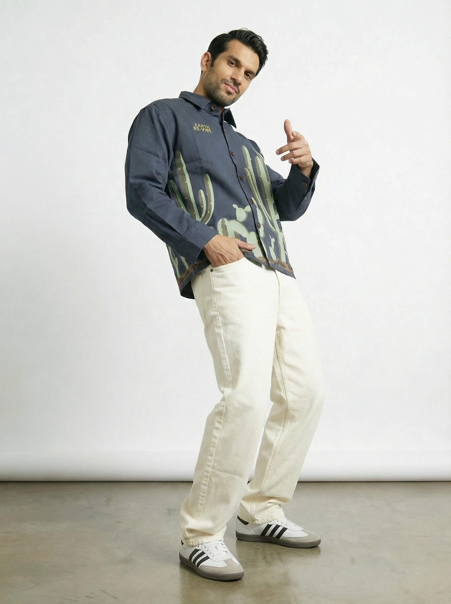 Aqua Blue Twill cactus Printed Shacket