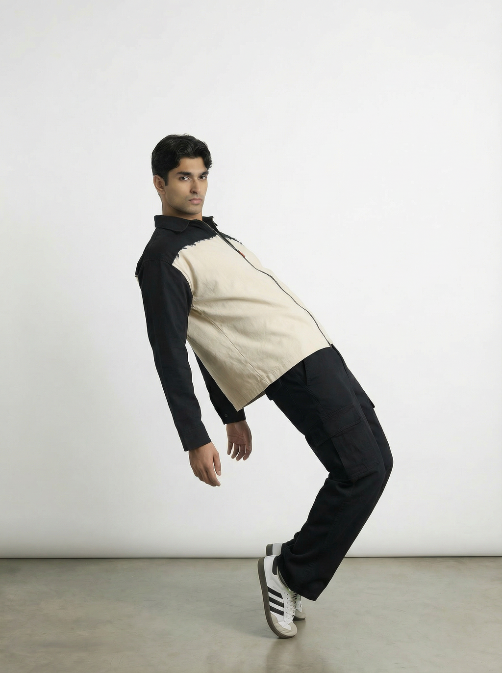 White & Black Twill Zipper Shacket