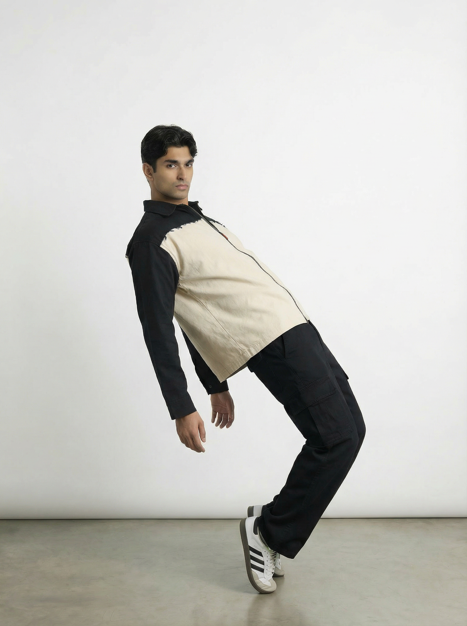 White & Black Twill Zipper Shacket