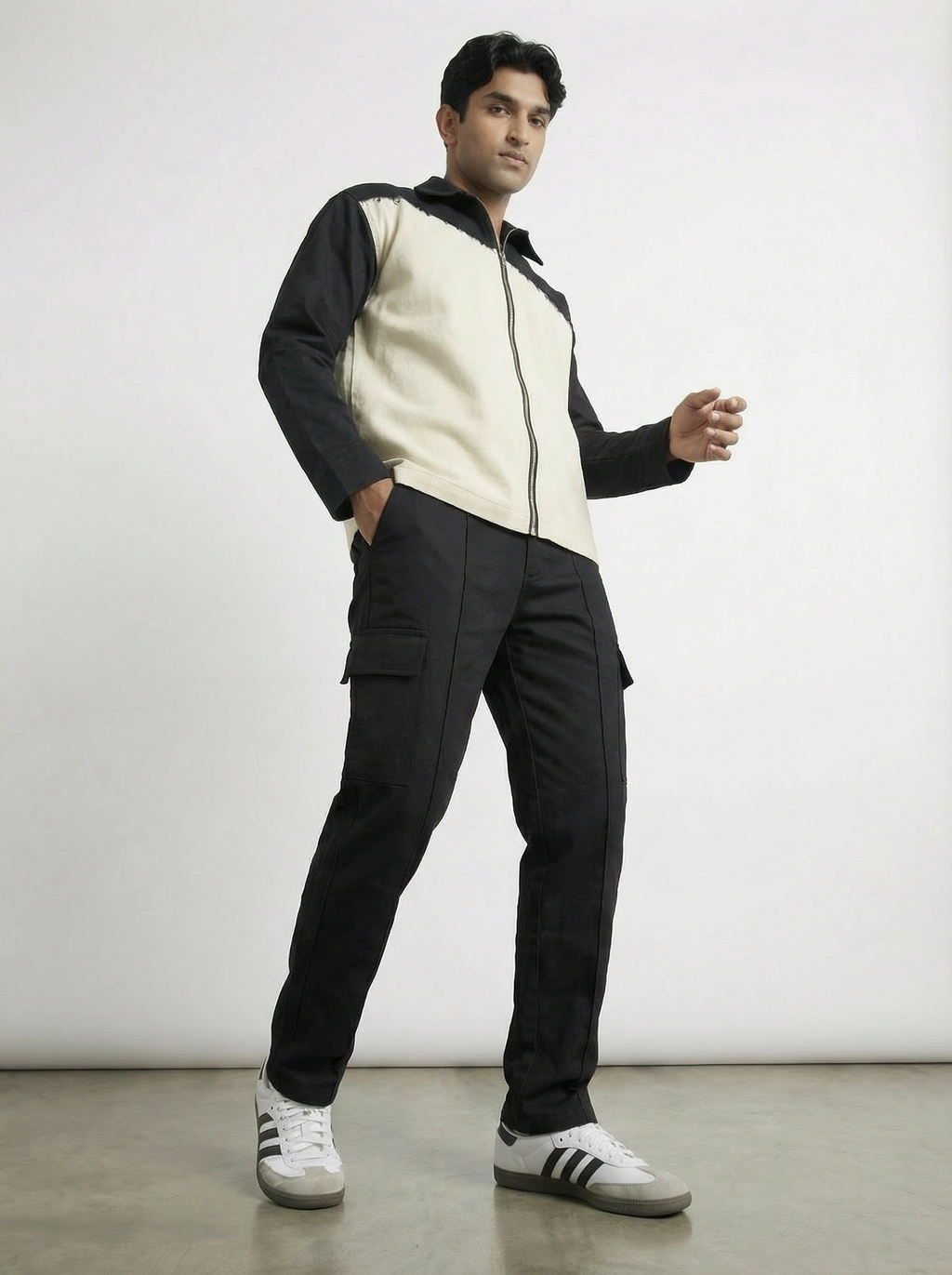 White & Black Twill Zipper Shacket