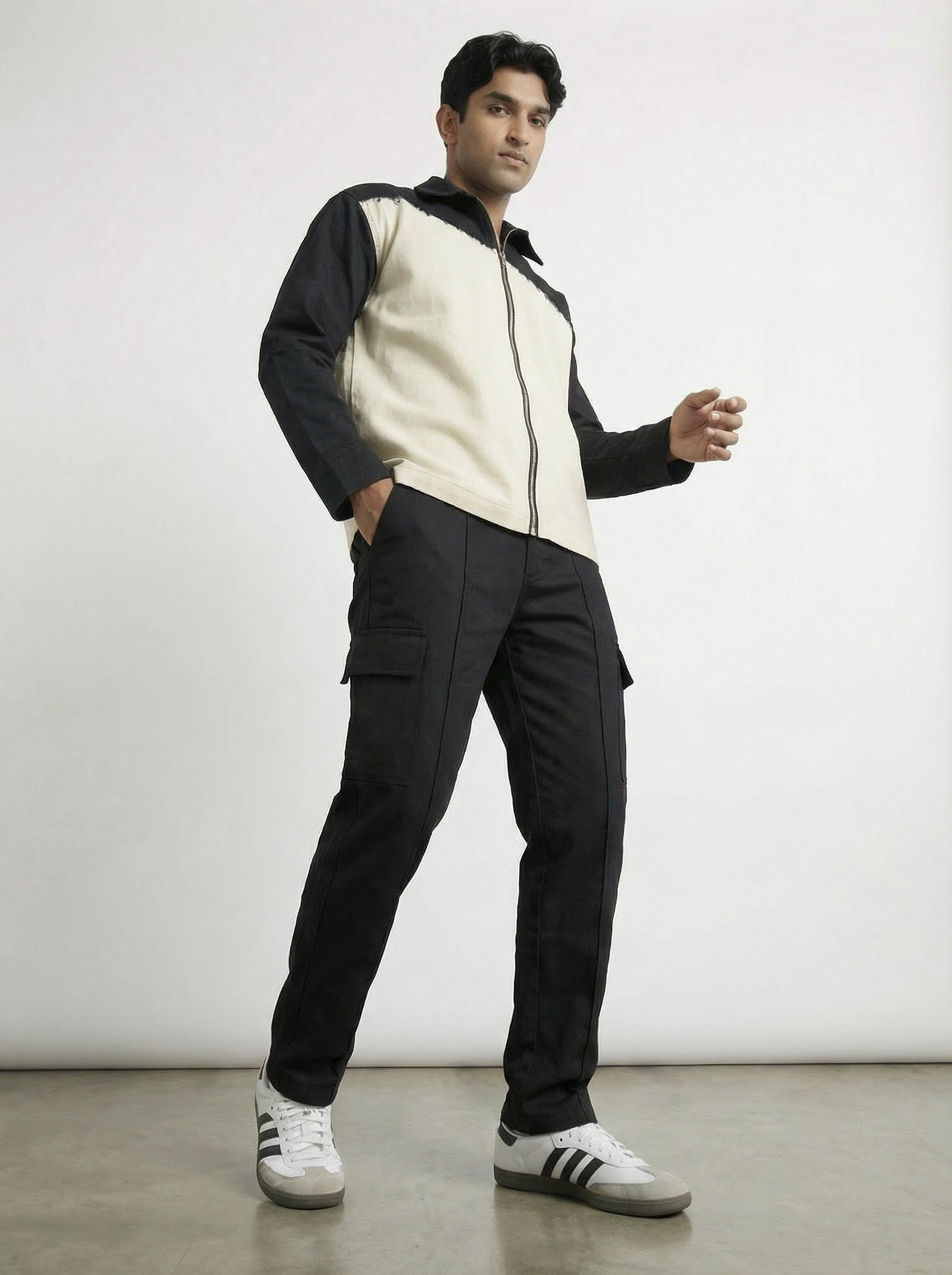 White & Black Twill Zipper Shacket