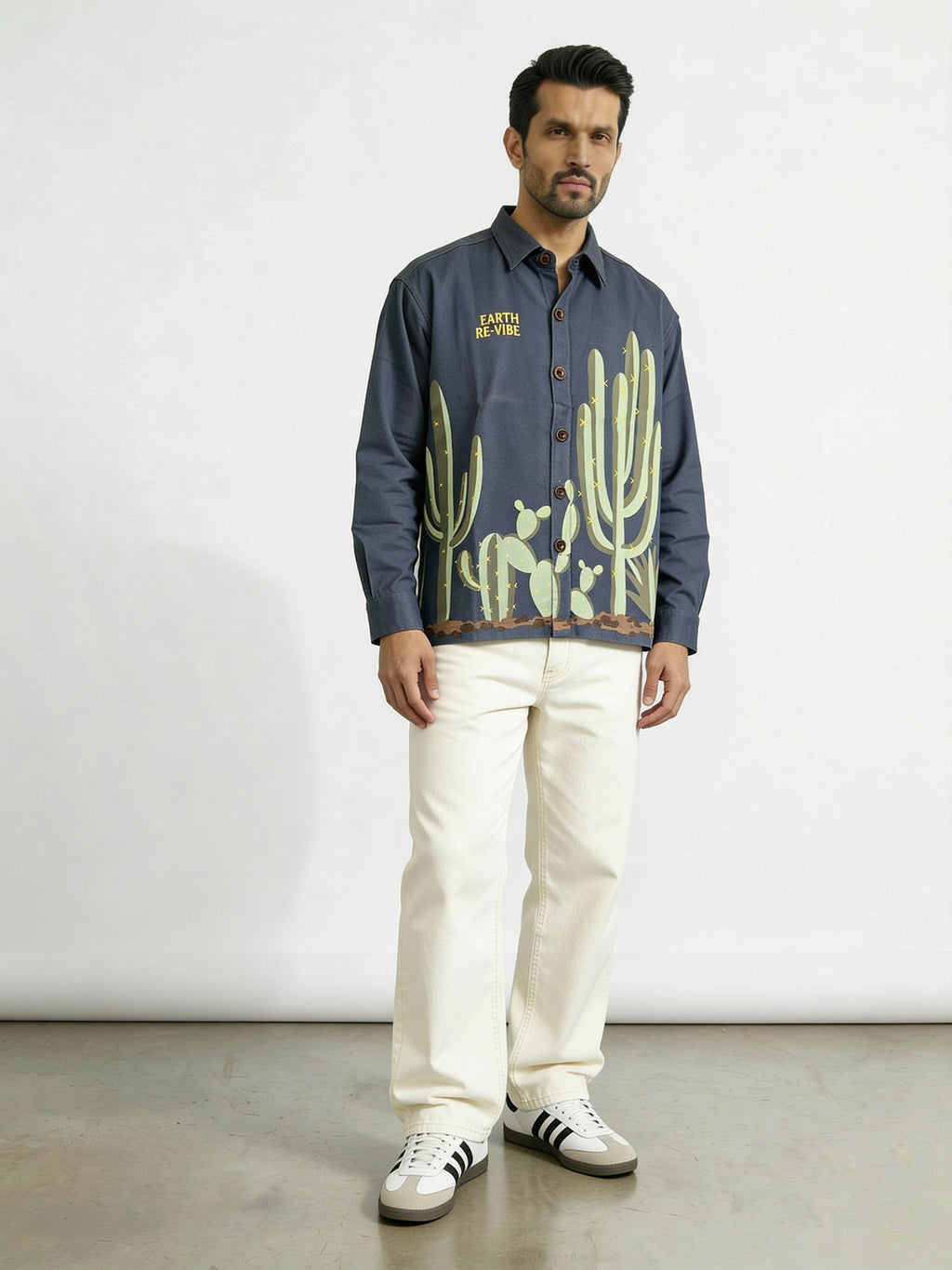 Aqua Blue Twill cactus Printed Shacket