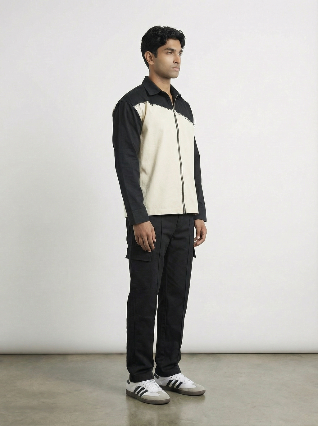 White & Black Twill Zipper Shacket