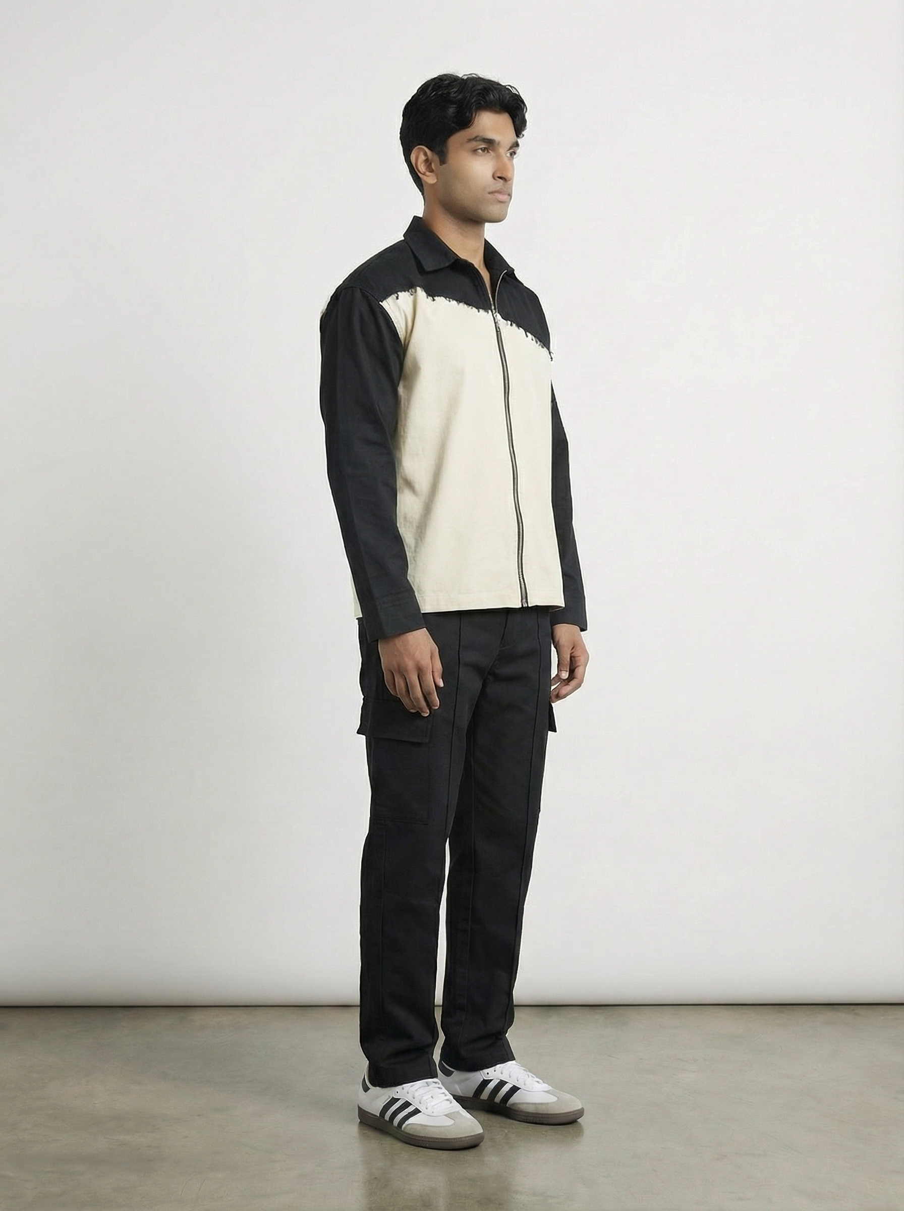 White & Black Twill Zipper Shacket