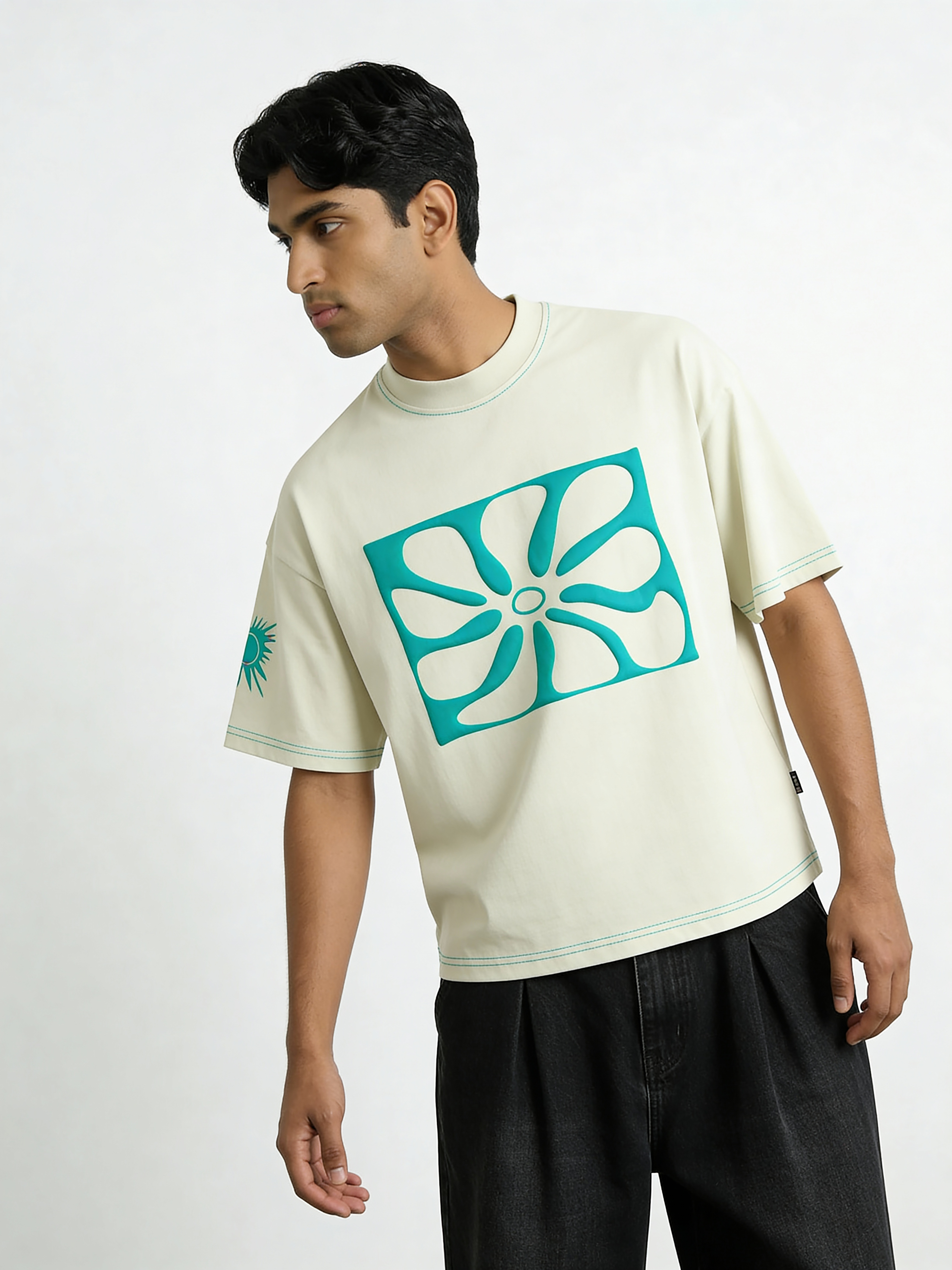 Grey Contrast Stitch Puff Print boxy Tee