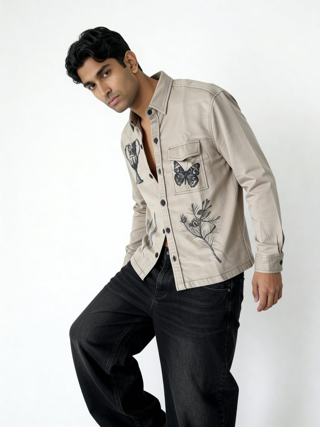 Khakhi Shadow Twill Block print shacket