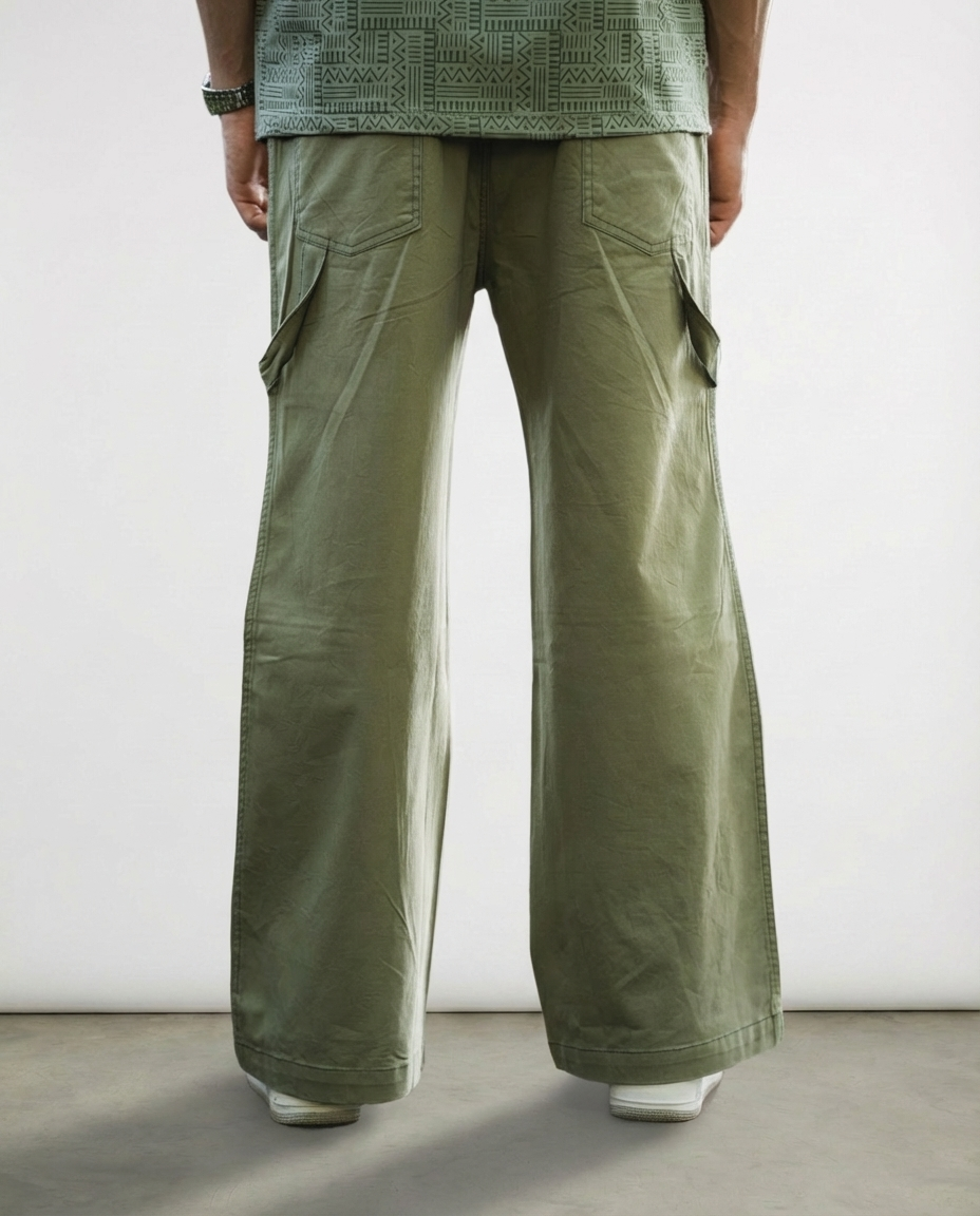 Green Twill Bellbottom Utility pants
