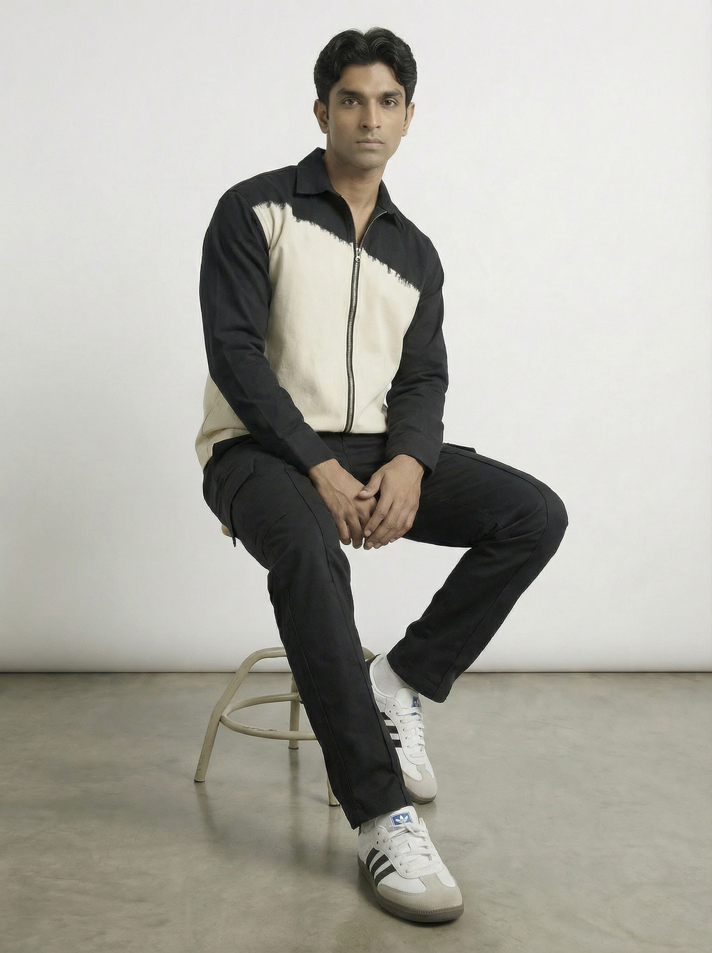 White & Black Twill Zipper Shacket