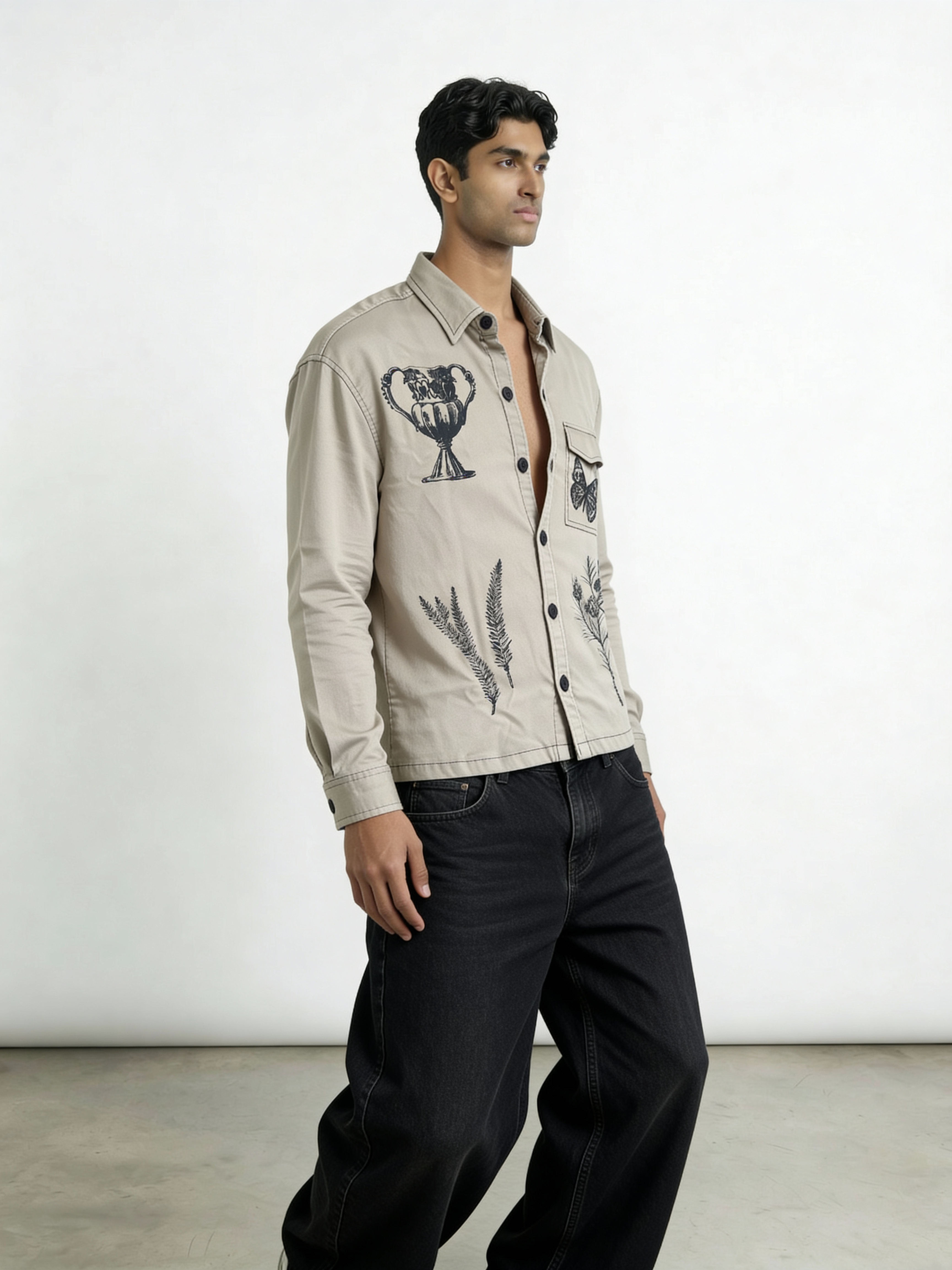 Khakhi Shadow Twill Block print shacket
