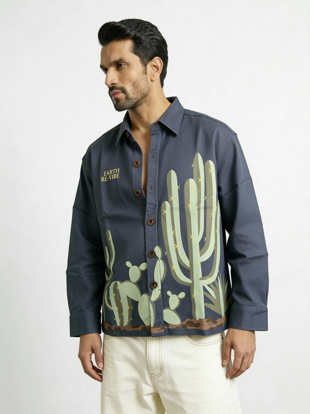 Aqua Blue Twill cactus Printed Shacket