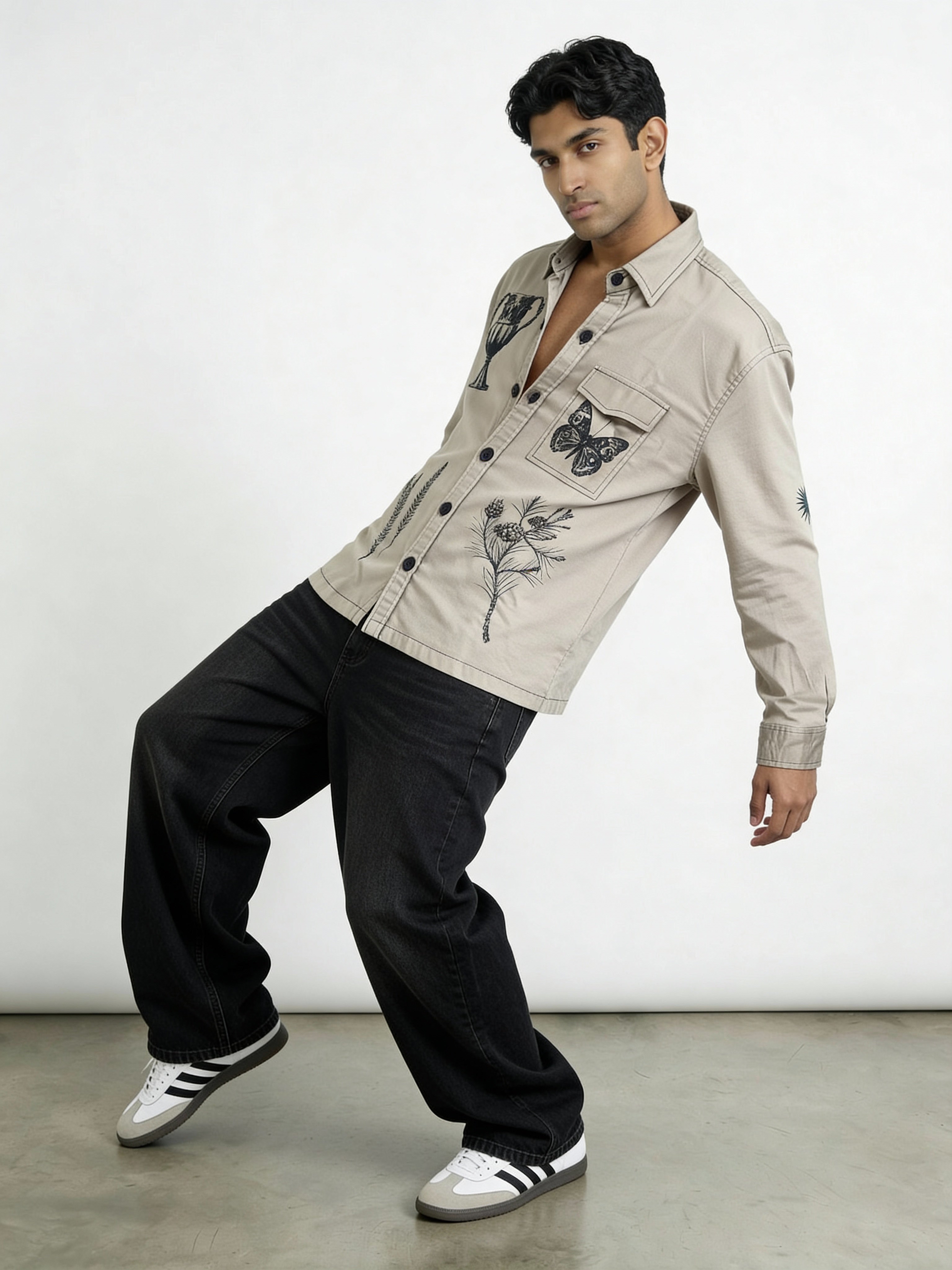 Khakhi Shadow Twill Block print shacket